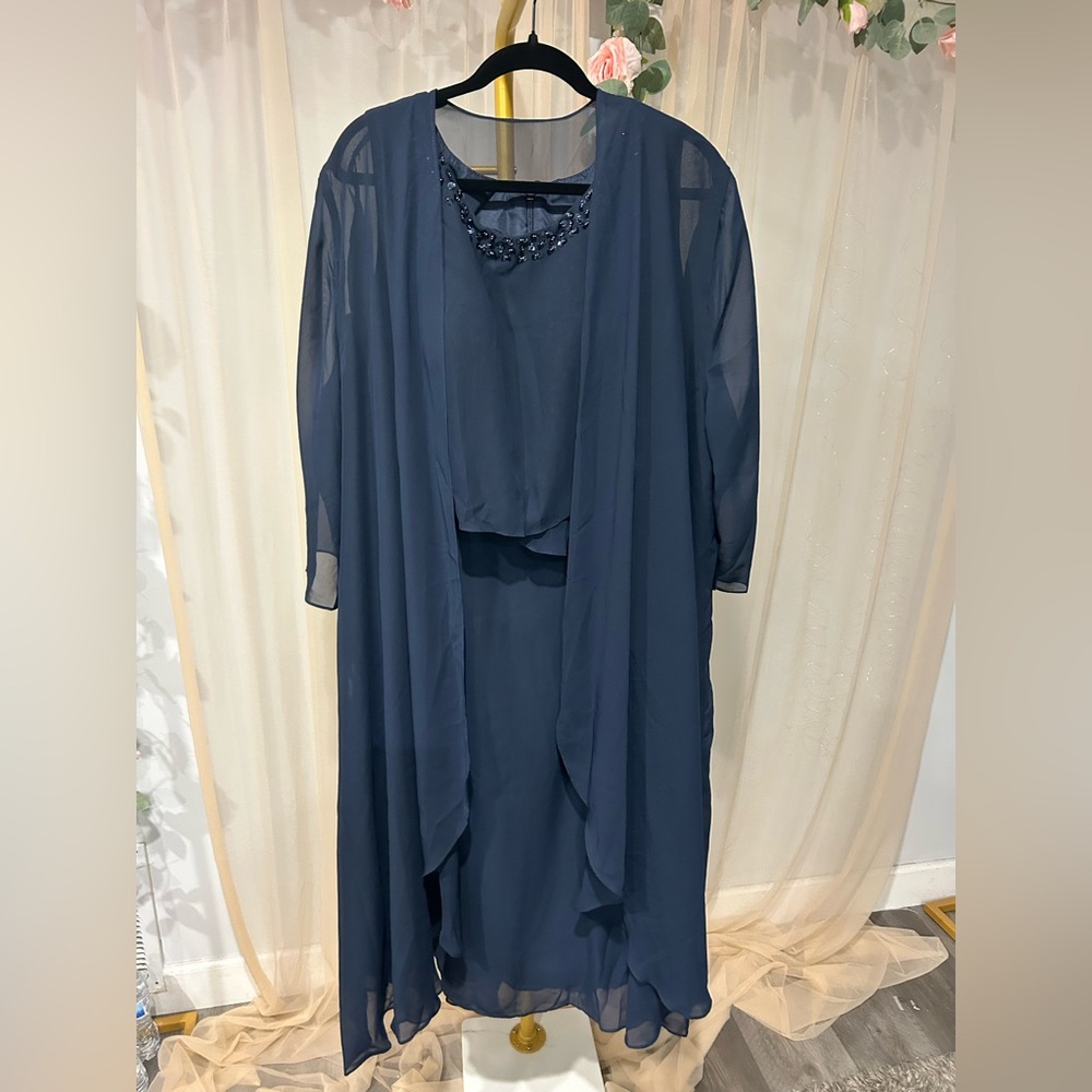 Navy Blue Beaded Chiffon Dress w/ Detachable Jacket – Size 16 | NWT
